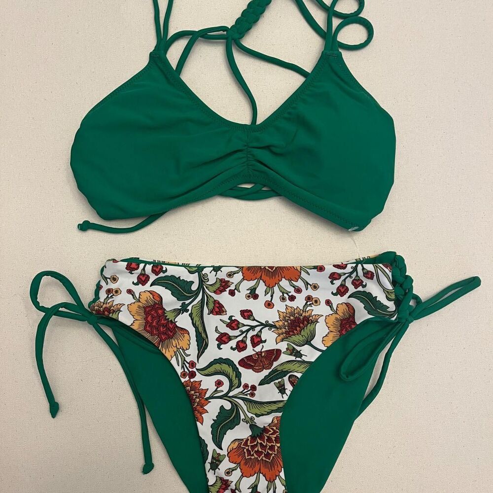 NWT Cupshe Women's Floral Emerald Green Strappy Swimsuit Tie-Side Bikini Size XS